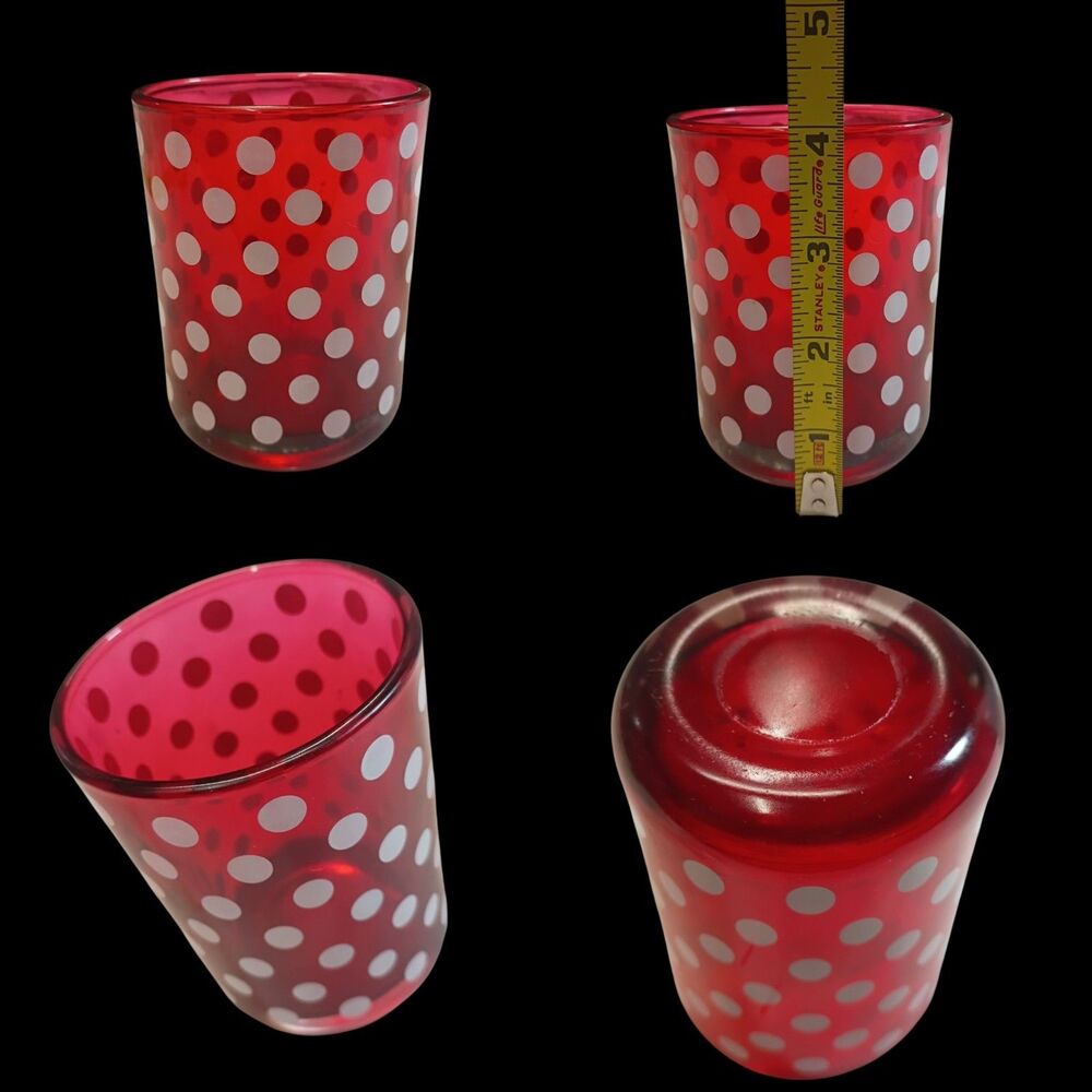 Vintage Red Glass Tumbler White Polka Dots Heavy Smooth Pontil Blown MCM 4"